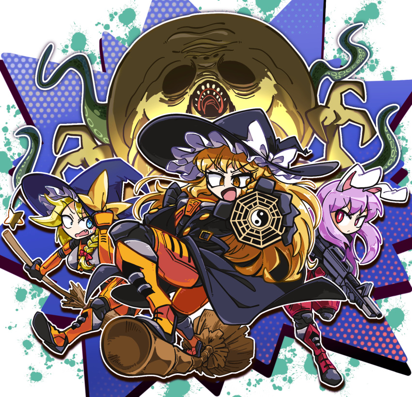 3girls, amerika_zarigani, armor, assault_rifle, bangs, black_headwear, black_jacket, blonde_hair