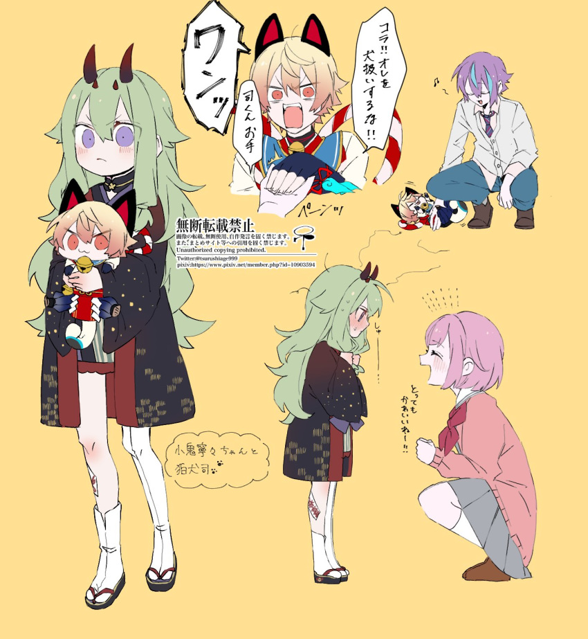 2boys, 2girls, aged_down, animal_ears, black_jacket, black_kimono, blue_pants, blush