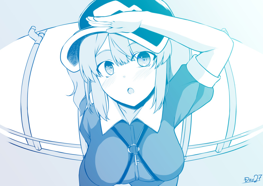 1girl, balcony, bangs, blue_theme, blush, breasts, collared_shirt, commentary_request