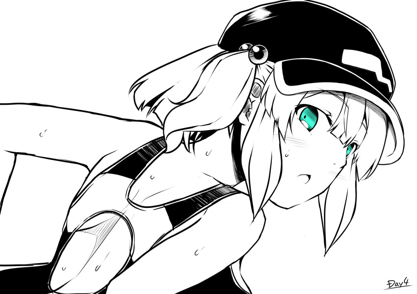 1girl, back, bangs, blue_eyes, blush, commentary_request, flat_cap, greyscale