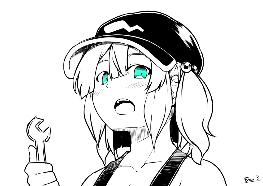 1girl, bangs, blue_eyes, blush, commentary_request, flat_cap, greyscale, hair_bobbles