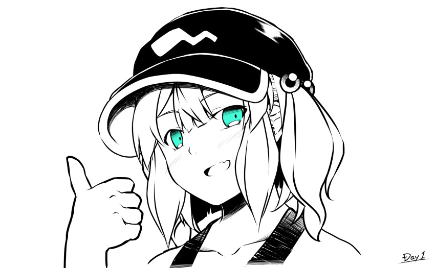 1girl, bangs, blue_eyes, blush, commentary_request, fang, flat_cap, hair_bobbles