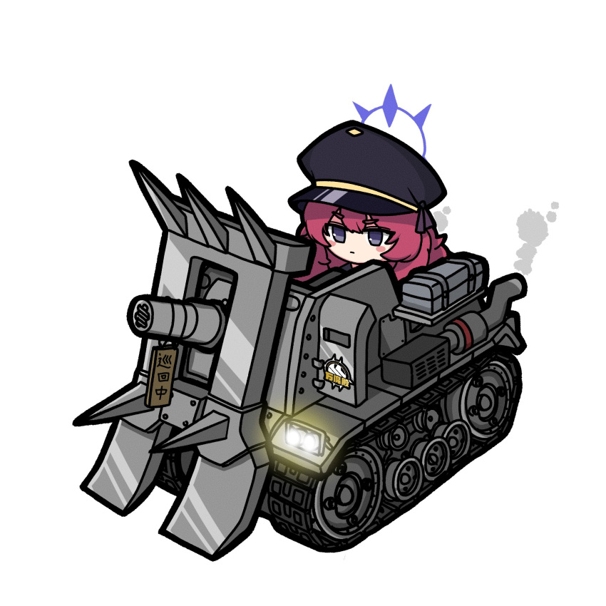 1girl, black_headwear, blue_archive, blush_stickers, caterpillar_tracks, closed_mouth, exhaust, exhaust_pipe