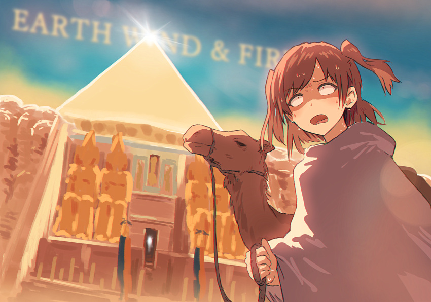 1girl, aijou_karen, animal, bangs, black_eyes, blue_sky, blurry, blurry_background, brown_hair, camel, chromatic_aberration, cloak, commentary_request, constricted_pupils, day, desert, earth_wind_&amp;_fire_(band), egypt, furrowed_brow, furukawa_wanosuke, grey_cloak, group_name, hand_up, highres, holding, holding_reins, hood, hood_down, hooded_cloak, lens_flare, light_blush, looking_away, looking_up, open_mouth, outdoors, parody, pyramid_(structure), reins, shaded_face, short_hair, shoujo_kageki_revue_starlight, sky, solo, standing, sun, sunlight, surprised, sweat, swept_bangs, two_side_up, wide-eyed