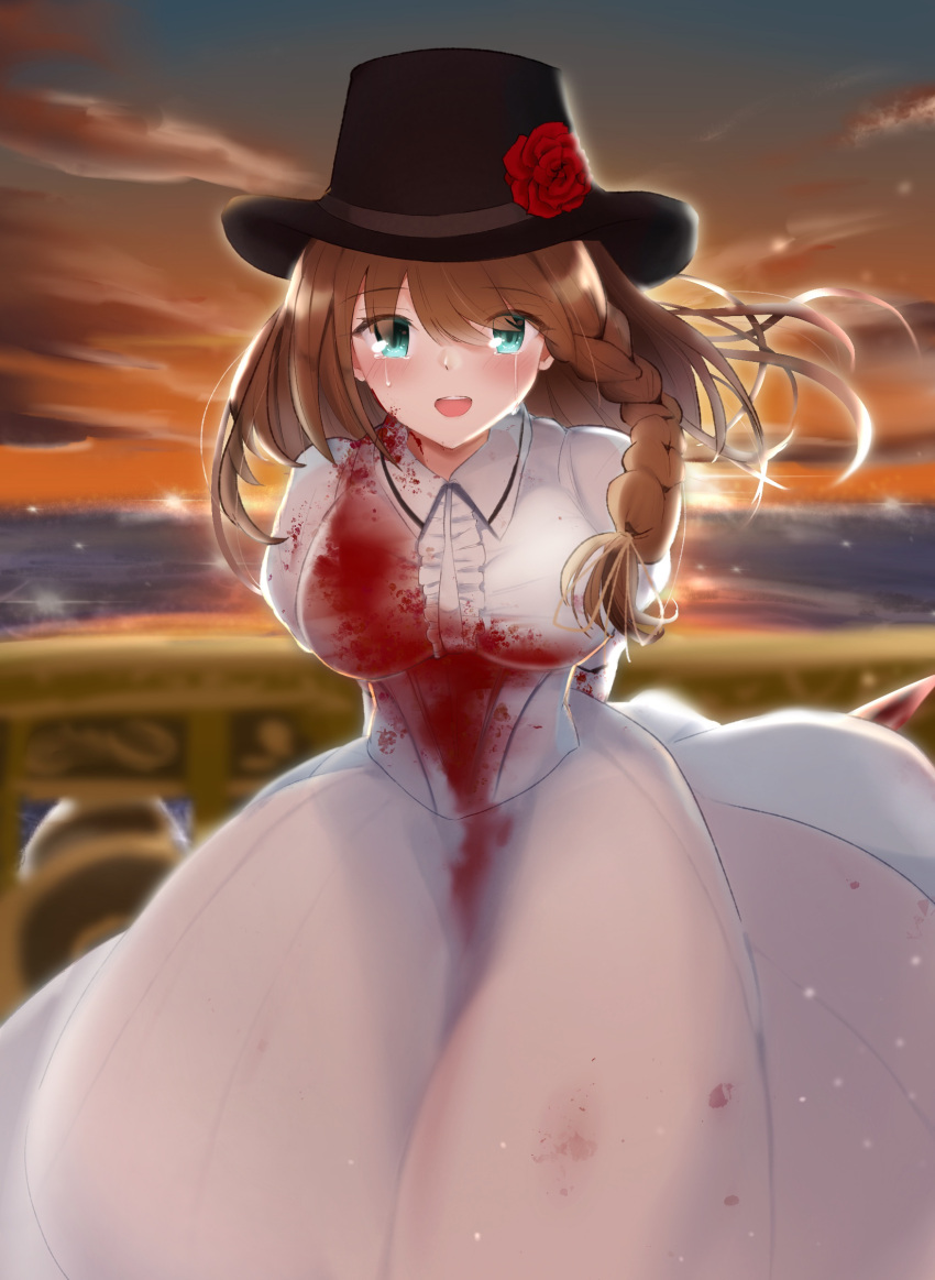 1girl, blood, blood_on_face, blue_eyes, braid, breasts, brown_hair, charlotte_corday_(fate)