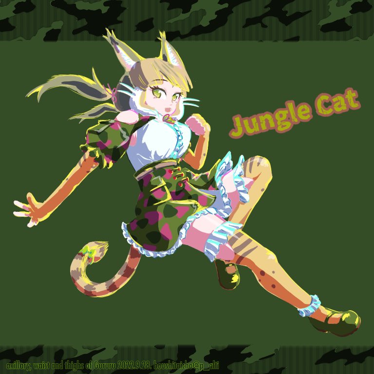 1girl, animal_costume, animal_ear_fluff, animal_ears, belt, bow, bowtie, cat_ears, cat_girl, cat_tail, elbow_gloves, extra_ears, fingerless_gloves, gloves, green_eyes, jungle_cat_(kemono_friends), kemono_friends, kemono_friends_v_project, kneehighs, long_hair, looking_at_viewer, open_mouth, p_alti, ribbon, shirt, shoes, simple_background, skirt, socks, solo, tail, twintails, virtual_youtuber