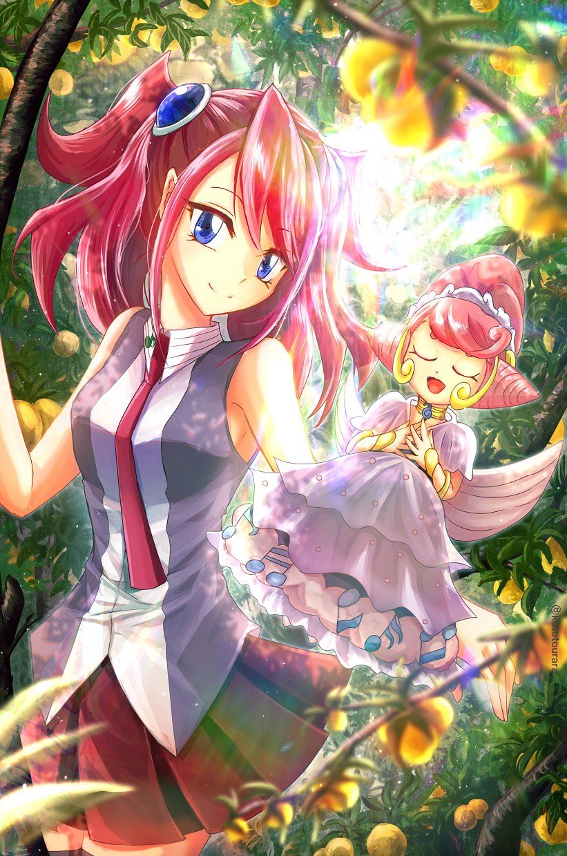 2girls, bangs, blue_eyes, bracelet, collared_shirt, dress_shirt, duel_monster, eyebrows_visible_through_hair, hair_between_eyes, hiiragi_yuzu, kototourara, long_hair, looking_at_viewer, miniskirt, necktie, opera_the_melodious_diva, pink_hair, pleated_skirt, red_neckwear, red_skirt, shirt, skirt, sleeveless, sleeveless_shirt, small_breasts, solo, twintails, wing_collar, yu-gi-oh!, yu-gi-oh!_arc-v, yuu-gi-ou, yuu-gi-ou_arc-v, zettai_ryouiki