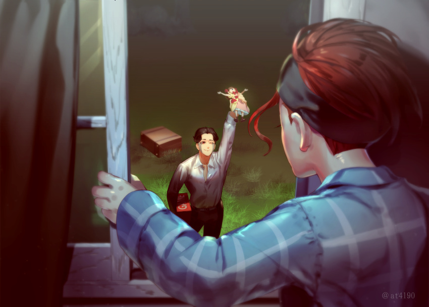2boys, aged_down, arm_up, at4190_(user_vzac7788), black_hair, briefcase, brothers, brown_eyes