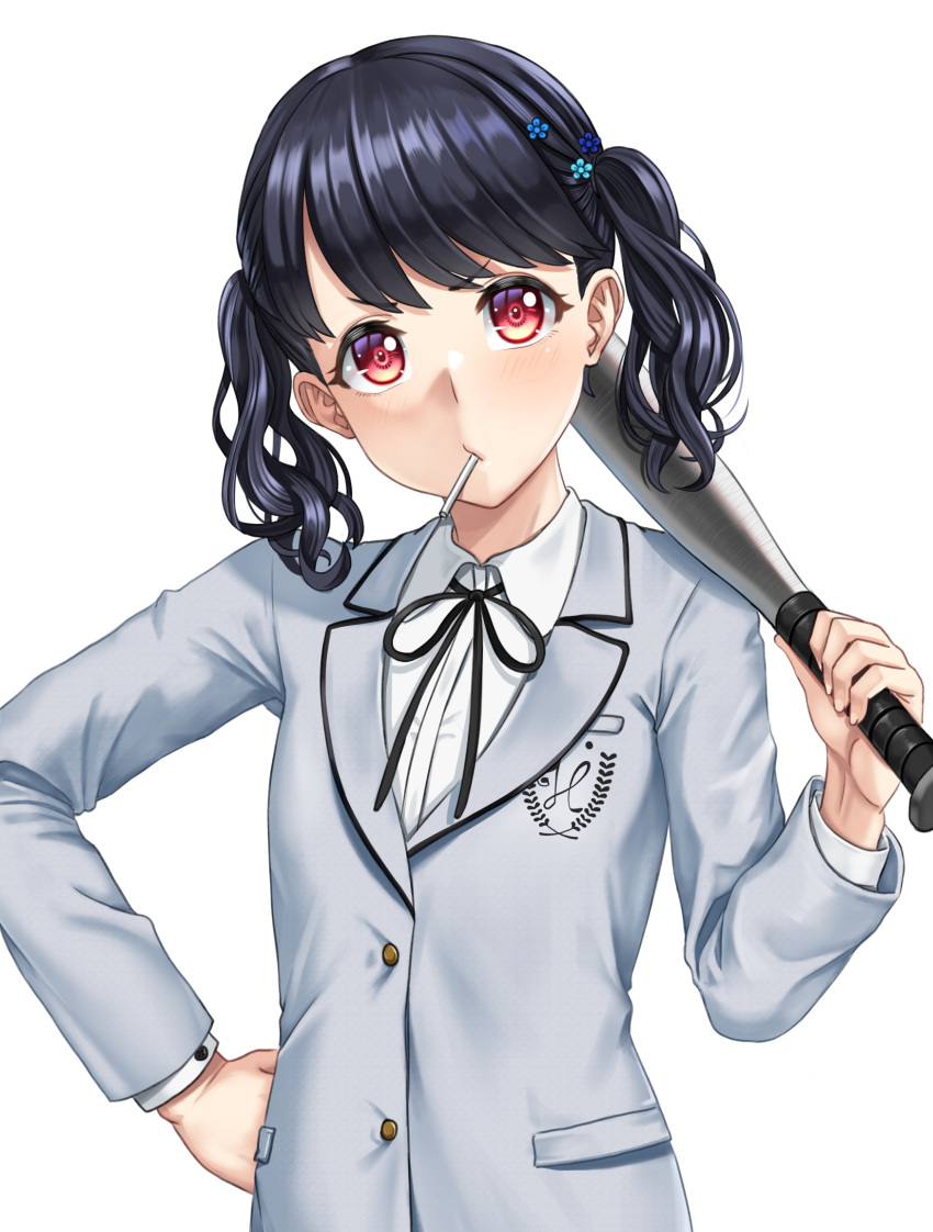 1girl, baseball_bat, black_hair, black_ribbon, blazer, commentary_request, flower, fukumaru_koito