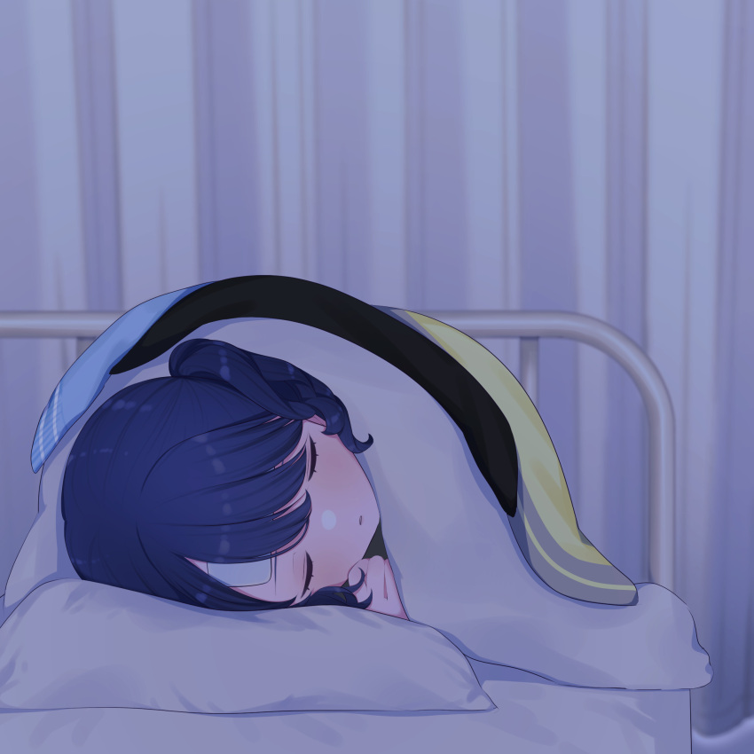 1girl, bed, black_hair, blanket, closed_eyes, commentary_request, cooling_pad, curtains, fukumaru_koito, highres, idolmaster, idolmaster_shiny_colors, meguru_nyan, pillow, sleeping, solo, twintails
