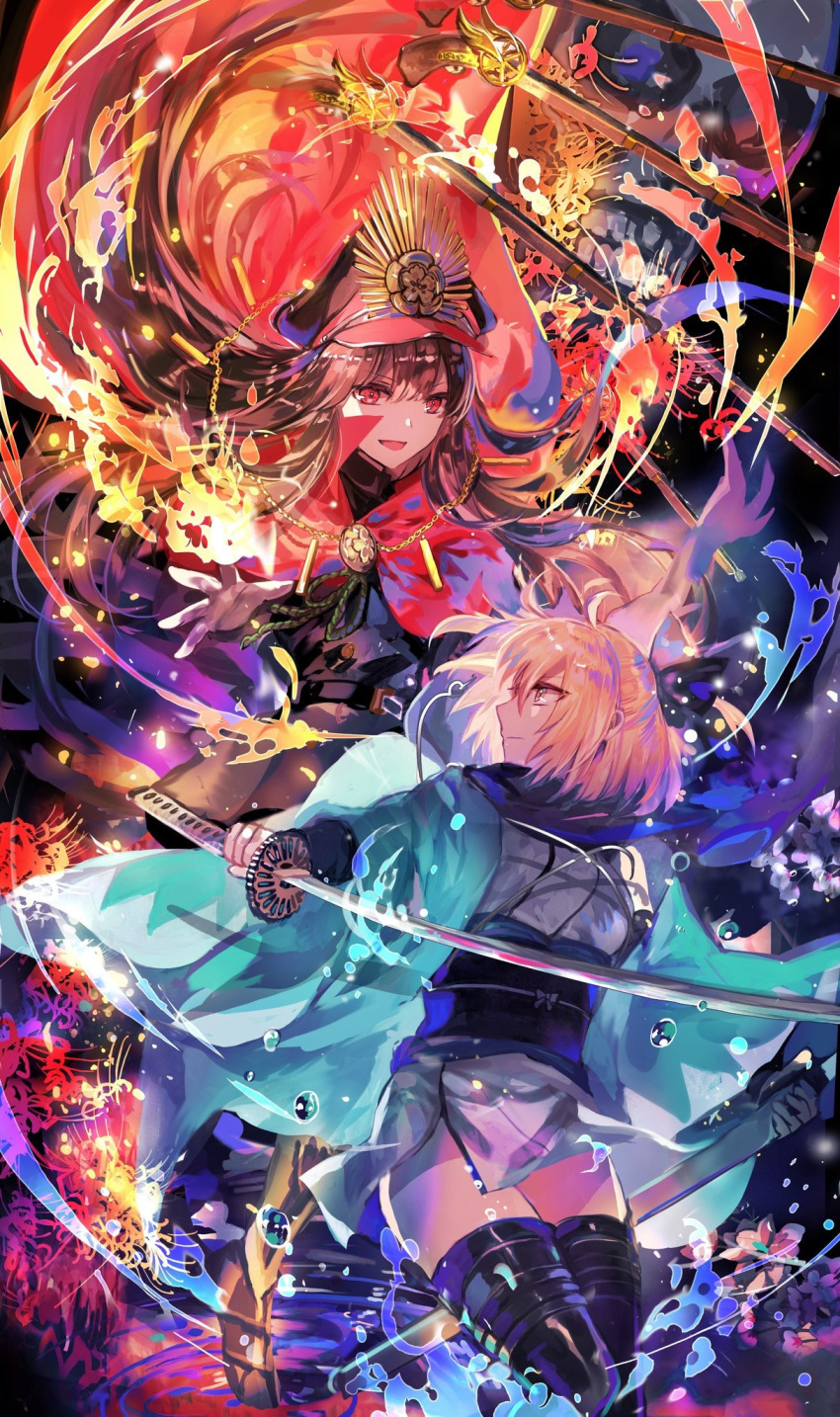 2girls, ahoge, arm_guards, black_bow, black_hair, black_scarf, blonde_hair, bow