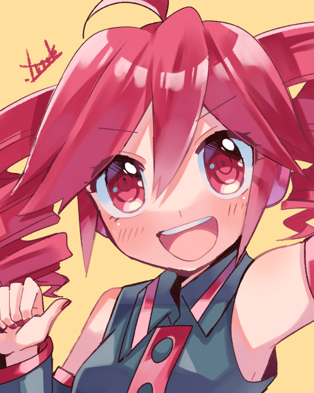 1girl, :d, ahoge, bare_shoulders, blue_shirt, blue_sleeves, commentary, detached_sleeves, drill_hair, kasane_teto, looking_at_viewer, medium_hair, open_mouth, pointing, pointing_at_self, red_eyes, redhead, shirt, signature, sleeveless, sleeveless_shirt, smile, solo, thumbs_up, twin_drills, upper_body, utau, yellow_background, yuusuke-kun