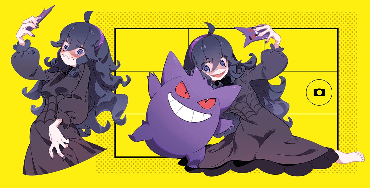 1girl, @_@, ahoge, bangs, barefoot, black_hair, black_nails, cellphone, closed_mouth, commentary_request, curly_hair, donuttypd, dress, gengar, grey_eyes, hair_between_eyes, hairband, hex_maniac_(pokemon), holding, holding_phone, long_hair, multiple_views, nail_polish, open_mouth, phone, pokemon, pokemon_(creature), pokemon_(game), pokemon_xy, purple_hairband, smile, toes, tongue, wavy_mouth, yellow_background