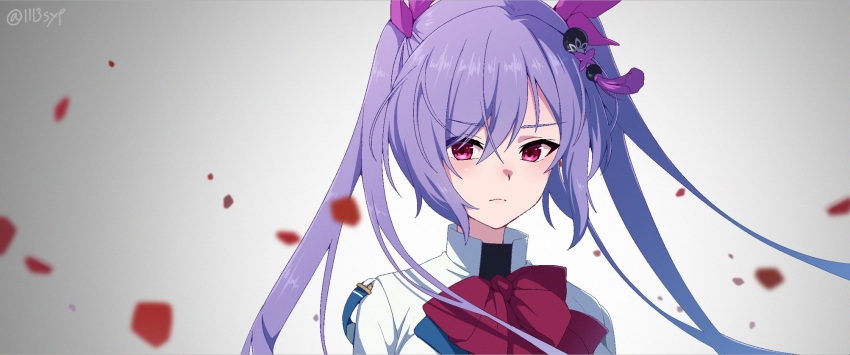 1113syp, 1girl, assault_lily, bangs, black_shirt, bow, bowtie, closed_mouth, collared_shirt, commentary_request, falling_petals, gradient, gradient_background, grey_background, hair_between_eyes, hair_ornament, hair_ribbon, herensuge_girls_academy_school_uniform, highres, jacket, long_hair, looking_at_viewer, matsumura_fuuka, petals, pink_eyes, pink_ribbon, portrait, purple_hair, red_bow, red_bowtie, ribbon, school_uniform, shirt, solo, tassel, tassel_hair_ornament, twintails, twitter_username, white_background, white_jacket