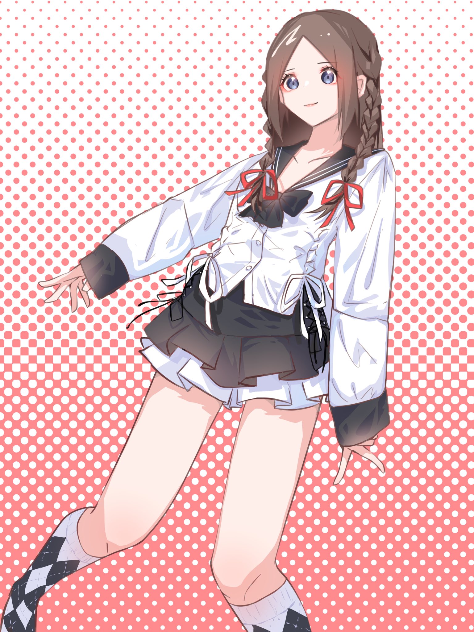 1girl, argyle, argyle_legwear, arm_at_side, assault_lily, bangs, black_bow, black_bowtie