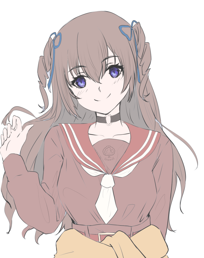 1girl, arm_at_side, assault_lily, bangs, belt, belt_buckle, black_choker, brown_hair