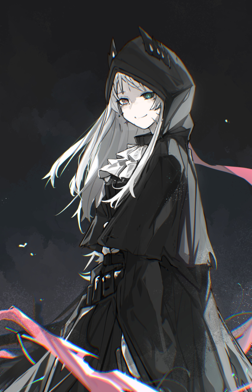1girl, absurdres, alternate_costume, ammunition_belt, arknights, ascot, black_background, black_dress, cowboy_shot, dress, earrings, grey_hair, head_wings, head_wings_through_headwear, heterochromia, highres, hood, hood_up, hooded_dress, irene_(arknights), jewelry, liuxingyun_lxyun, long_hair, long_sleeves, looking_at_viewer, pale_skin, pink_ribbon, red_pupils, ribbon, simple_background, smile, solo, spoilers, tearing_up, white_ascot