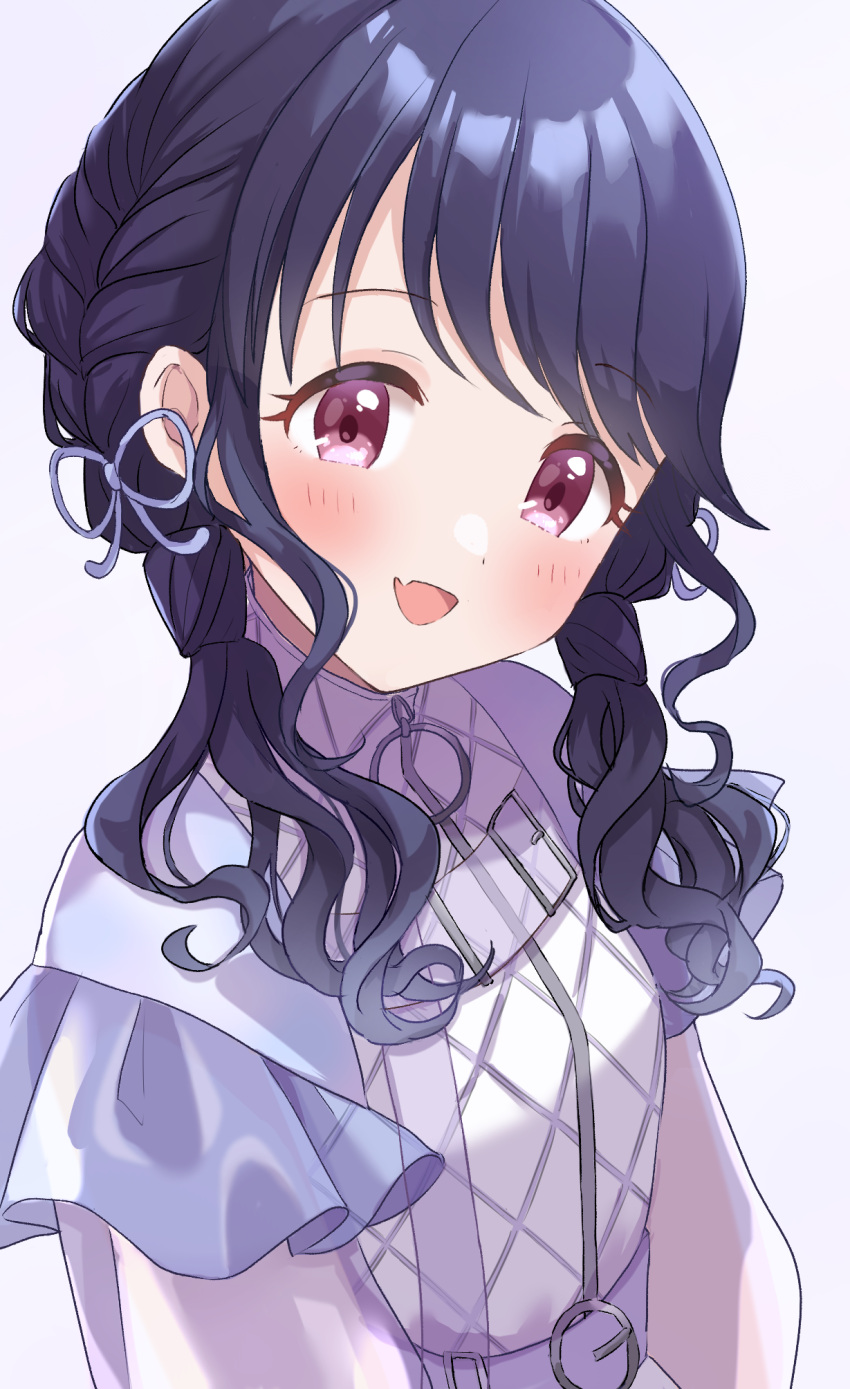 1girl, belt, black_hair, blush, braid, commentary_request, fang, fukumaru_koito
