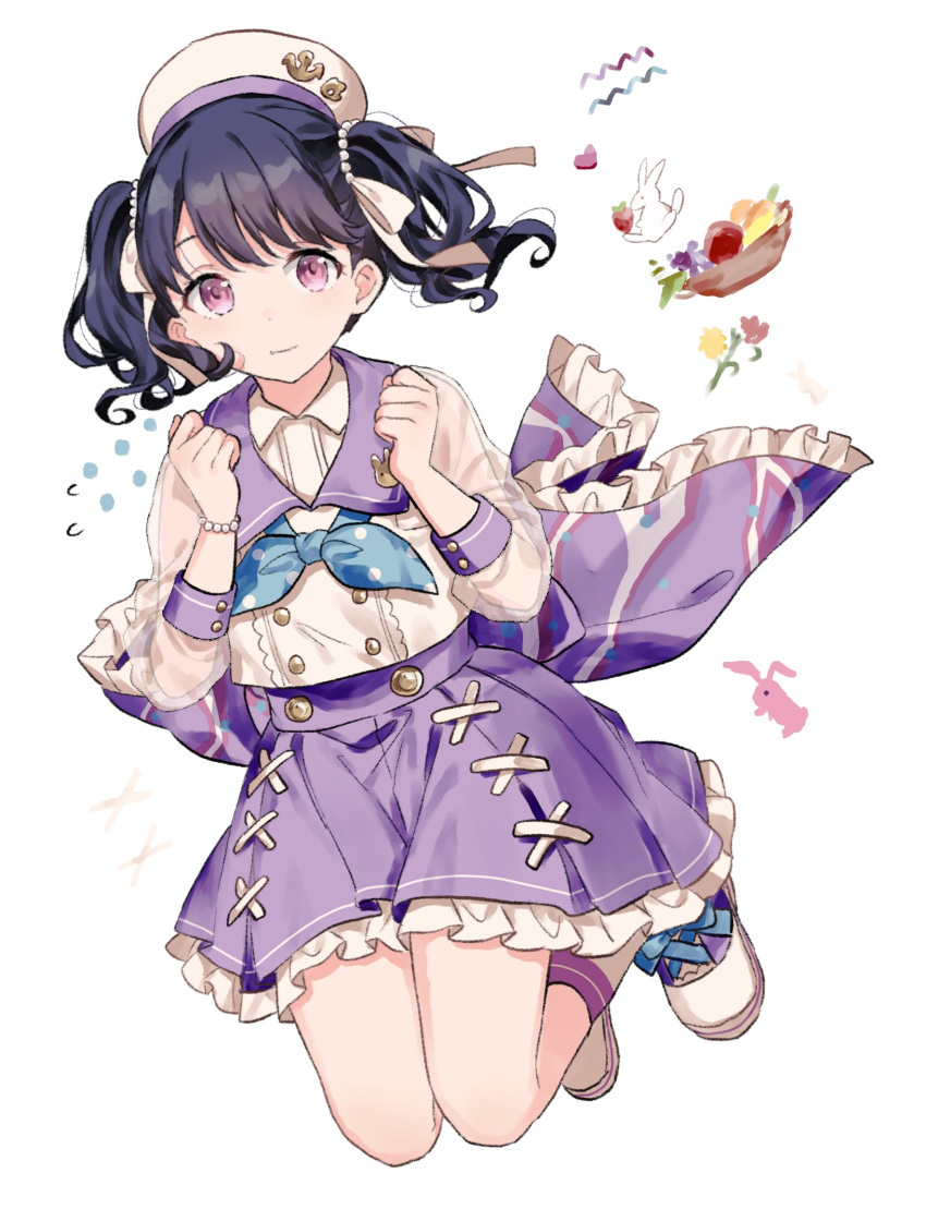 1girl, black_hair, fukumaru_koito, full_body, gocoli, hair_ribbon, hat, highres, idolmaster, idolmaster_poplinks, idolmaster_shiny_colors, looking_at_viewer, purple_skirt, ribbon, sailor_collar, sailor_hat, see-through, see-through_sleeves, skirt, solo, twintails, violet_eyes, white_background, white_ribbon