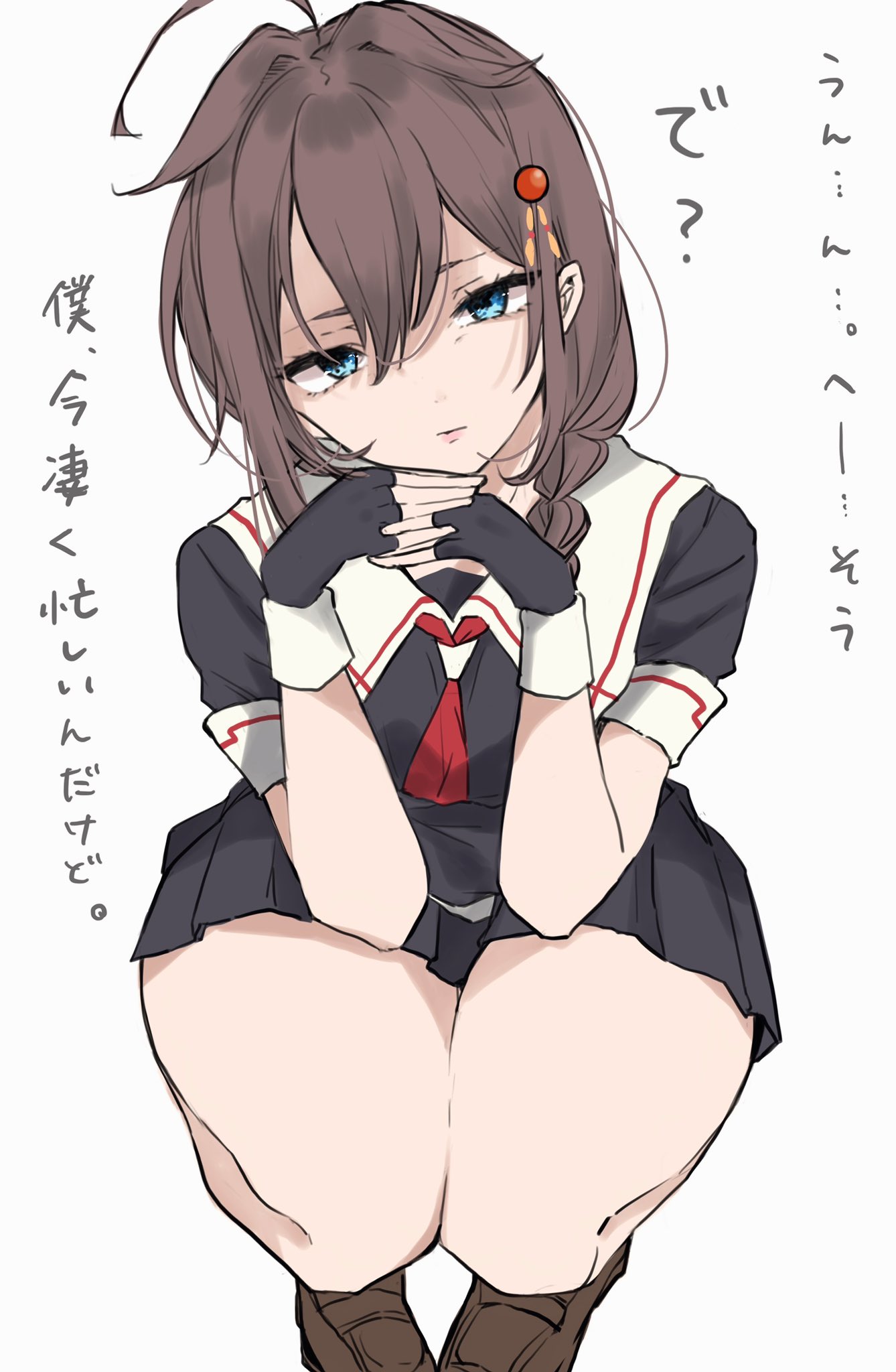 1girl, ahoge, black_gloves, black_serafuku, black_shirt, black_skirt, blue_eyes, braid