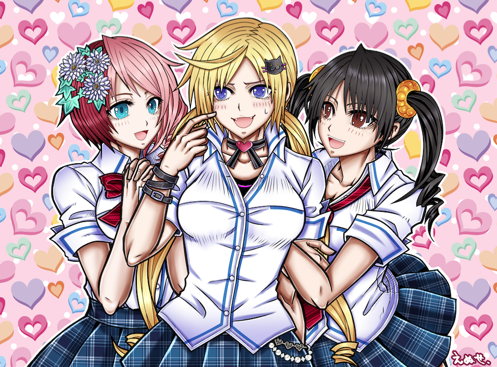 3girls, alisa_boskonovich, alluring, aqua_eyes, black_hair, blonde_hair, blue_eyes, brown_eyes, emise, ling_xiaoyu, lucky_chloe, multiple_girls, namco, pink_hair, school_uniform, tekken, tekken_8, tekken_tag_tournament_2