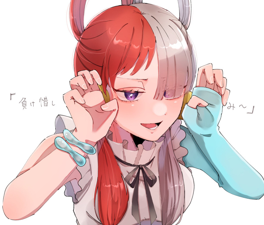 1girl, :d, black_ribbon, blue_gloves, blush, chuuut0r0, claw_pose, commentary