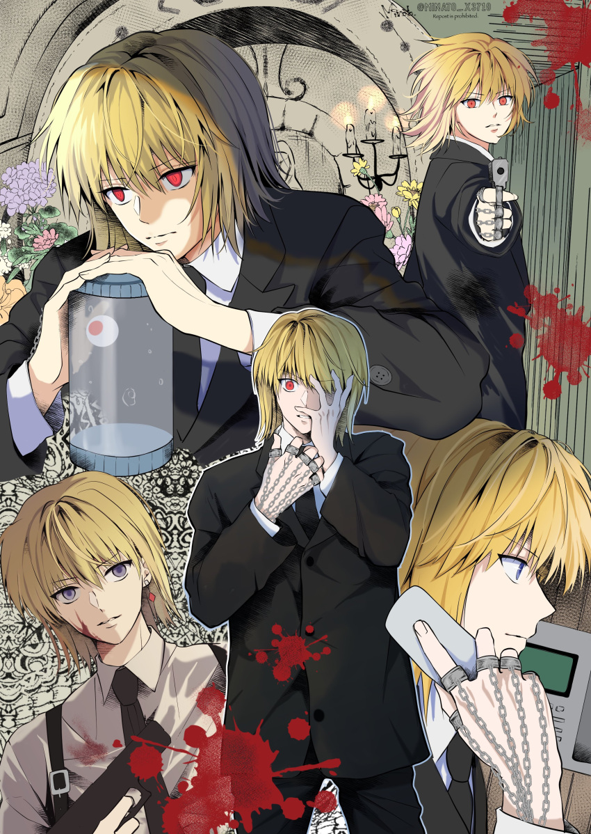 1boy, absurdres, blonde_hair, blood, candle, chain, closed_mouth, commentary_request