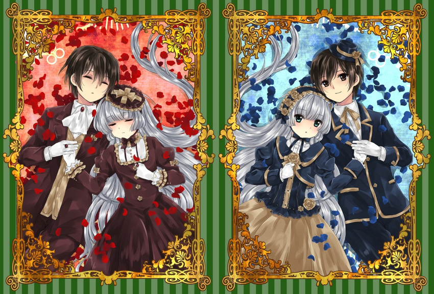 1boy, 1girl, aqua_eyes, bangs, blunt_bangs, blunt_ends, blush, brown_eyes, brown_hair, closed_eyes, closed_mouth, couple, dual_persona, falling_petals, formal, frills, gloves, golden_rose, gosick, gosick_blue, gosick_red, grey_hair, hair_between_eyes, hairband, harugamitsu, hetero, hime_cut, holding_hands, juliet_sleeves, kujou_kazuya, lolita_fashion, lolita_hairband, long_hair, long_sleeves, looking_at_viewer, petals, puffy_sleeves, rose_petals, sidelocks, smile, suit, symmetry, very_long_hair, victorica_de_blois, white_gloves