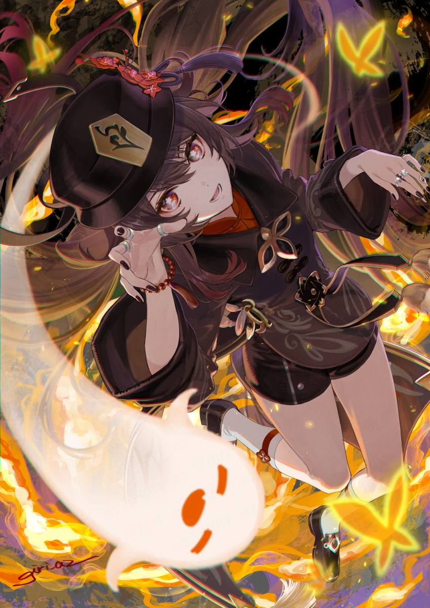 1girl, :d, bangs, bead_bracelet, beads, black_footwear, black_nails, black_shorts, boo_tao_(genshin_impact), bracelet, brown_coat, brown_hair, brown_headwear, bug, butterfly, coat, colored_tips, commentary, fire, flower, full_body, genshin_impact, ghost_pose, gr_giri, hair_between_eyes, hat, hat_flower, highres, hu_tao_(genshin_impact), jewelry, long_hair, long_sleeves, looking_at_viewer, lower_teeth, multicolored_hair, multiple_rings, open_mouth, orange_butterfly, plum_blossoms, porkpie_hat, red_eyes, red_shirt, redhead, ring, shirt, shoes, shorts, signature, smile, socks, tassel, teeth, white_socks