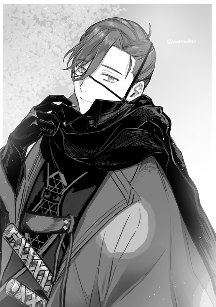 1boy, ahoge, chest_guard, fate/grand_order, fate_(series), gloves, grey_background, greyscale