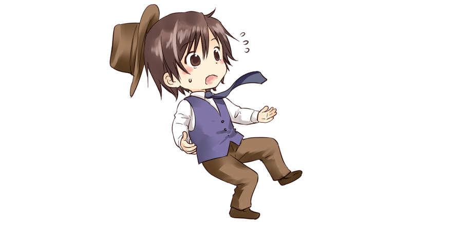 1boy, amano_sakuya, bangs, blush_stickers, brown_headwear, brown_pants, chibi, flying_sweatdrops
