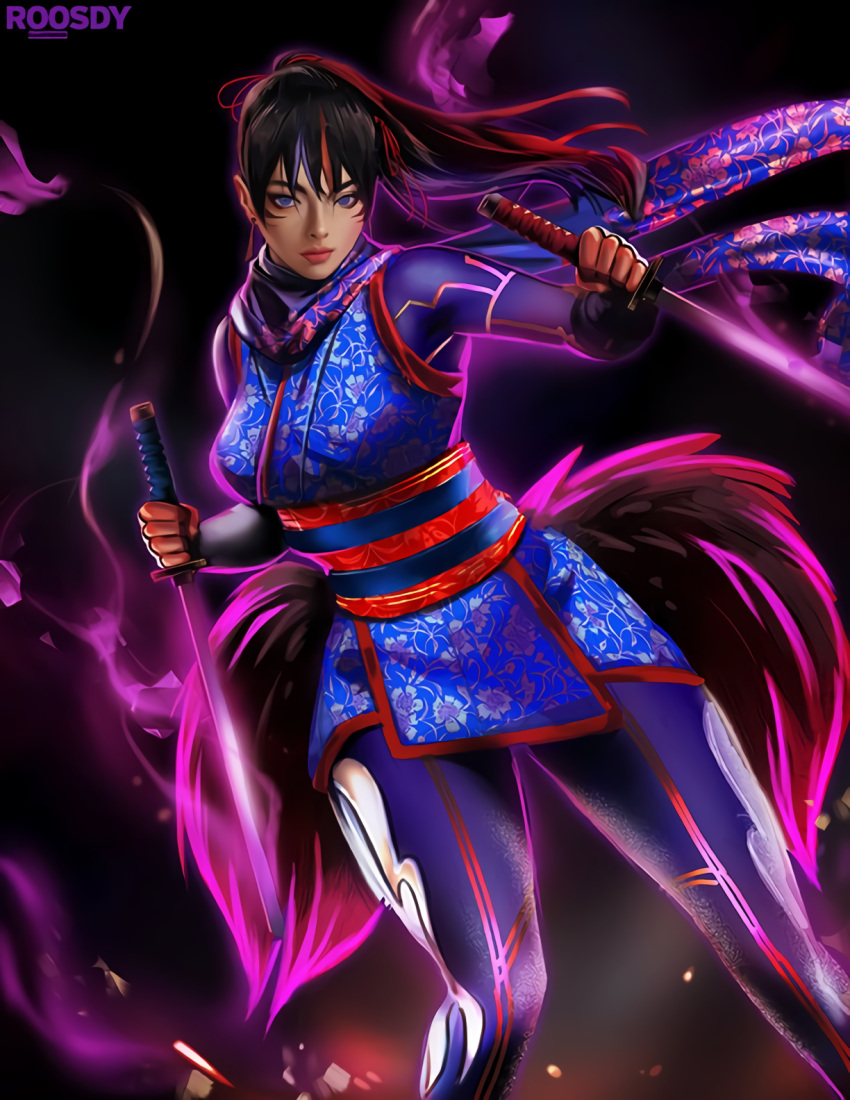 black_hair, colored_tips, facial_markings, highres, kunimitsu_ii, kunoichi, namco, ninja, ninja_swords, roosdy, scarf, tekken, violet_eyes