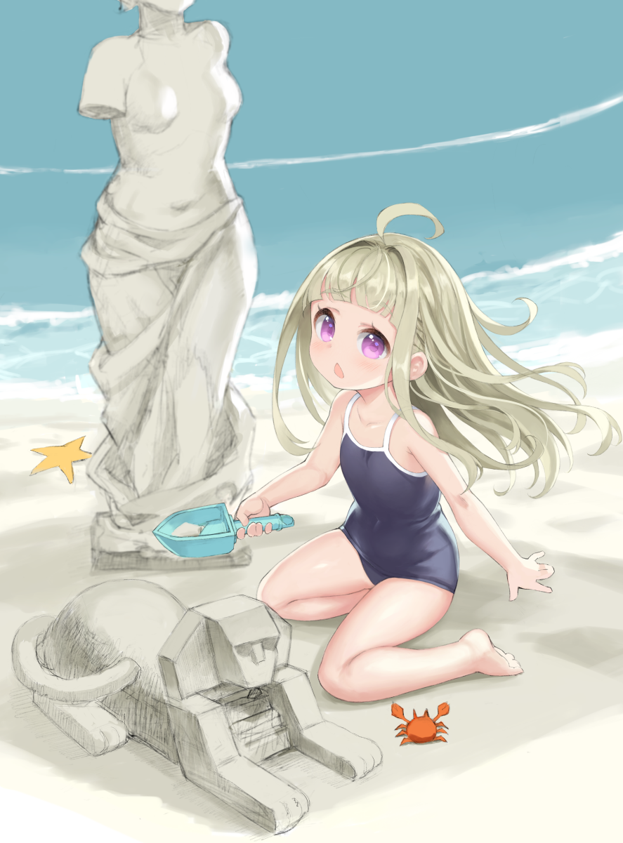 1girl, ahoge, bangs, barefoot, beach, blue_one-piece_swimsuit, blunt_bangs, brown_hair, child, commentary_request, crab, feet, female_child, highres, long_hair, m-eine, ocean, one-piece_swimsuit, open_mouth, original, outdoors, pink_eyes, sand, sand_sculpture, school_swimsuit, sitting, soles, solo, starfish, swimsuit, thighs, toes, trowel, water