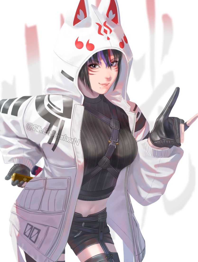1girl, black_hair, colored_tips, kitsune_marks, kunimitsu_ii, kunoichi, lavender_eyes, namco, silverdeerhorn, tekken, zipped_hoodie