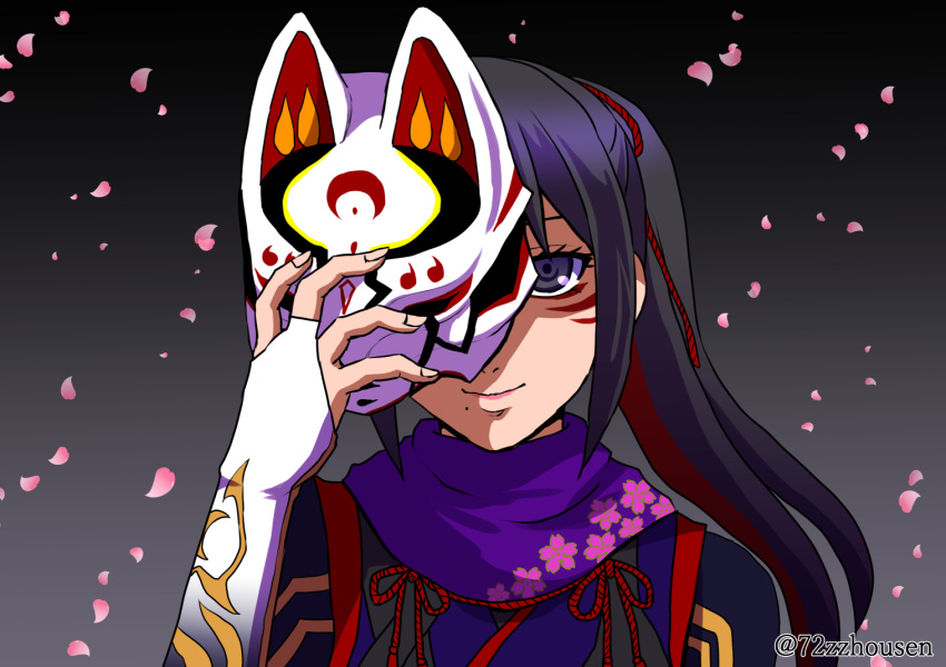 1girl, 72zzhousen, black_hair, holding, kitsune_marks, kitsune_mask, kunimitsu_ii, kunoichi