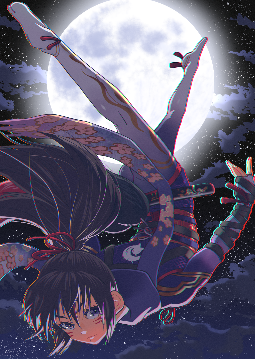 1girl, akisu_k, black_hair, bodysuit, fingerless_gloves, flower_print, gloves, kitsune_marks