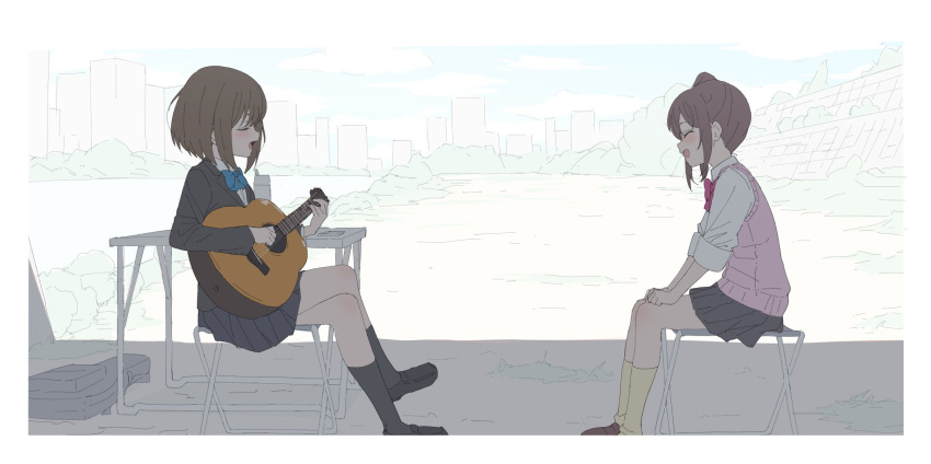 2girls, black_footwear, black_skirt, black_socks, black_suit, blue_bow, blue_bowtie, bow