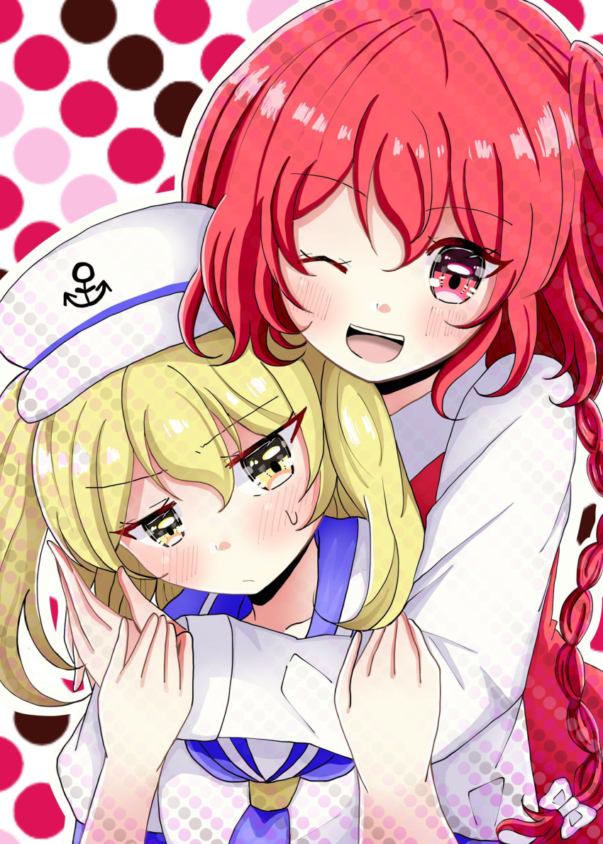 2girls, anchor_print, anchor_symbol, blonde_hair, blue_neckerchief, blue_sailor_collar, blush, bow