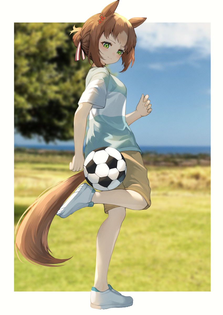 1girl, absurdres, alternate_costume, animal_ears, ball, blue_shirt, blush, brown_hair