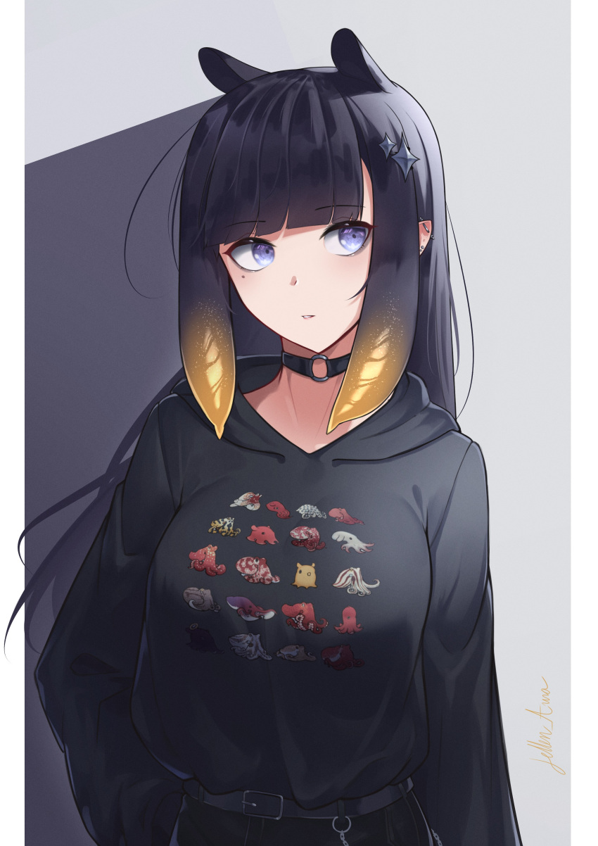1girl, absurdres, alternate_breast_size, bangs, black_hoodie, blunt_bangs, breasts, choker
