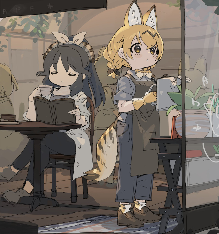 2girls, alternate_costume, alternate_hairstyle, animal_ears, apron, black_pants, blonde_hair, blue_hair