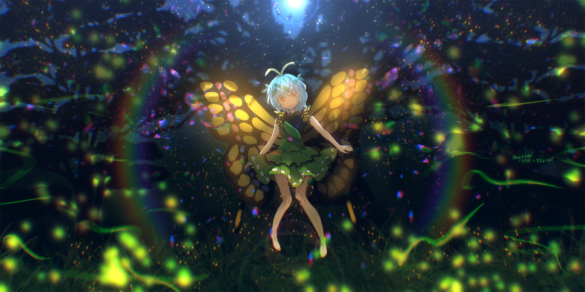 1girl, antennae, aqua_hair, barefoot, butterfly_wings, closed_mouth, dress, eternity_larva