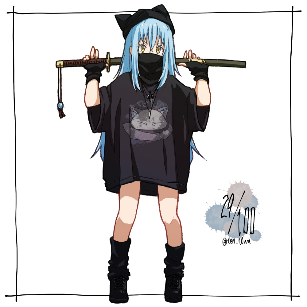 1other, bangs, black_gloves, blue_hair, fingerless_gloves, full_body, gloves, hat