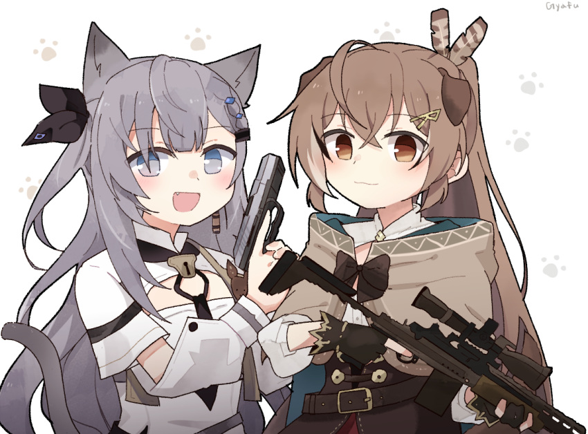 2girls, ahoge, animal_ears, brown_eyes, brown_hair, cape, cat_ears, cat_tail
