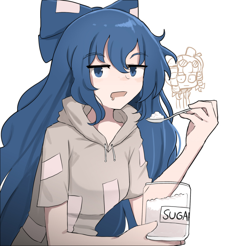 2girls, bangs, blue_eyes, blue_hair, blue_ribbon, chibi, chibi_inset, commentary, debt, drooling, eating, eyewear_on_head, grey_hoodie, hair_ribbon, highres, holding, hood, hoodie, jar, long_hair, mata_(matasoup), multiple_girls, open_mouth, ribbon, simple_background, spoon, sugar_(food), touhou, upper_body, very_long_hair, white_background, yorigami_jo'on, yorigami_shion