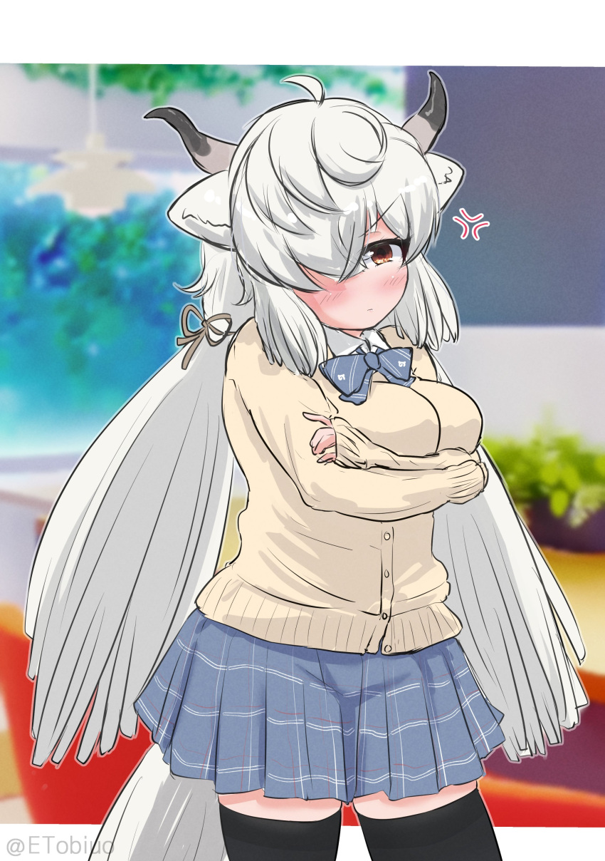 1girl, absurdres, alternate_costume, anger_vein, black_thighhighs, blue_bow, blue_bowtie, blue_skirt, blush, bow, bowtie, collared_shirt, commentary_request, cowboy_shot, crossed_arms, etobiuo, hair_over_one_eye, highres, kemono_friends, long_hair, long_sleeves, looking_at_viewer, ox_ears, ox_girl, ox_horns, ox_tail, plaid, plaid_bow, plaid_bowtie, plaid_skirt, pleated_skirt, school_uniform, shirt, skirt, solo, sweater, thigh-highs, twintails, white_hair, white_shirt, white_sweater, yak_(kemono_friends), zettai_ryouiki