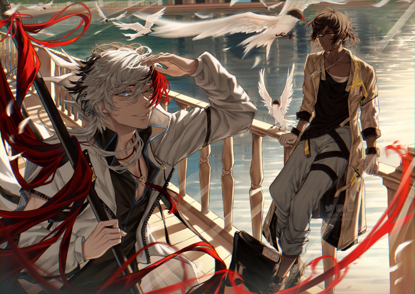 2boys, ;), arknights, arm_support, artist_name, bird, black_bag, black_footwear
