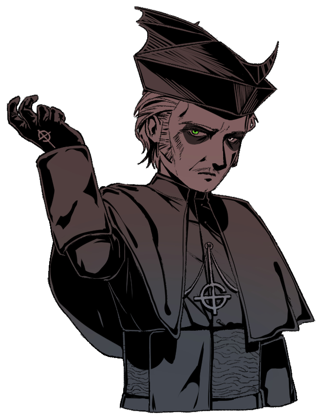 1boy, cardinal, closed_mouth, cropped_legs, erumil, facial_hair, ghost_(band), gloves, green_eyes, hair_slicked_back, hand_up, hat, heterochromia, jewelry, logo, makeup, male_focus, mustache, papa_emeritus_iv, robe, short_hair, sideburns, solo, spot_color, standing, upper_body, white_eyes