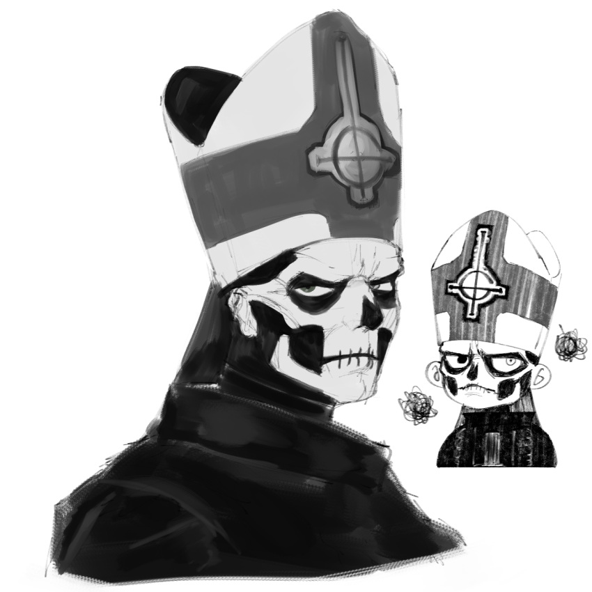 1boy, black_robe, chibi, chibi_inset, cropped_torso, erumil, facepaint, ghost_(band), glaring, hat, highres, logo, looking_at_viewer, male_focus, mitre, papa_emeritus_ii, robe, scribble, simple_background, skull_print, solo, upper_body, white_background
