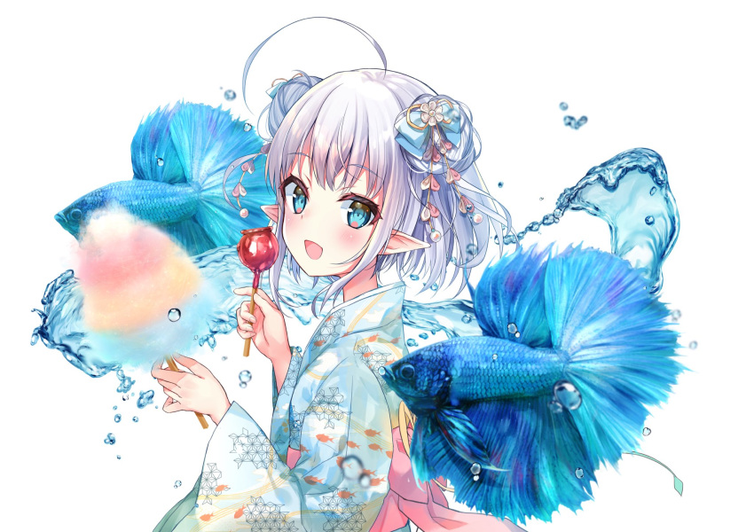 1girl, ahoge, bangs, blue_eyes, candy_apple, cotton_candy, double_bun, else_(project_blue), fish, food, fushimi_sameta, hair_bun, hair_ornament, hands_up, highres, holding, holding_food, japanese_clothes, kimono, looking_at_viewer, open_mouth, pointy_ears, project_blue_(vtuber), short_hair, simple_background, solo, upper_body, virtual_youtuber, water, white_background, white_hair